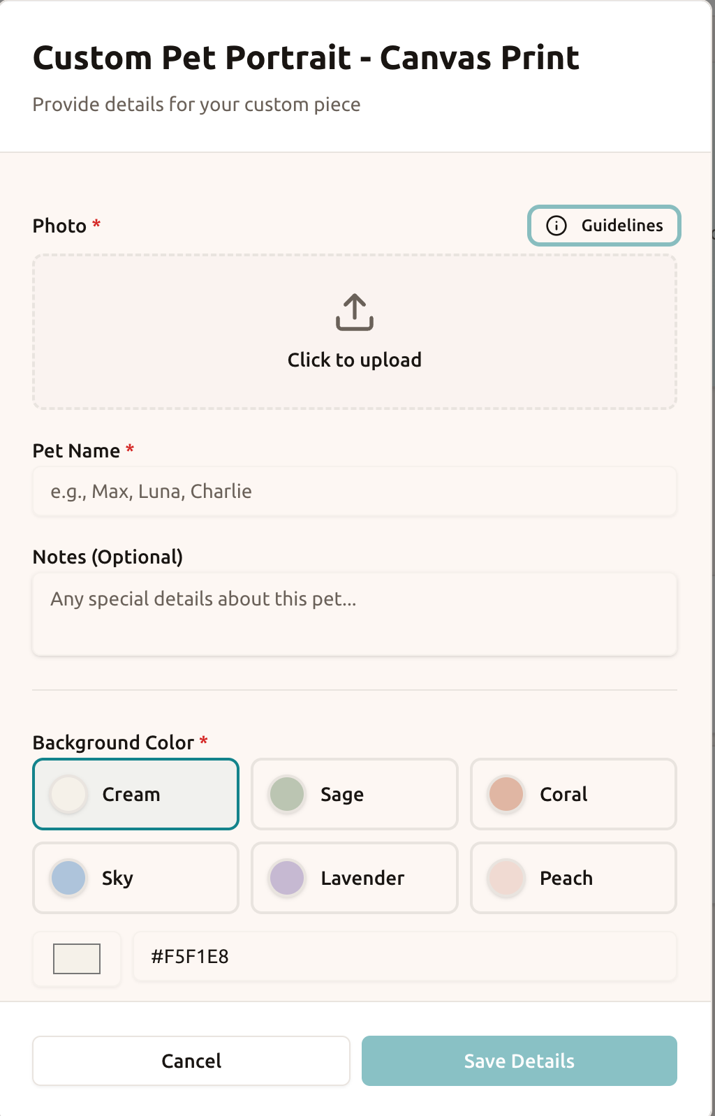 Detail collection form for custom pet portrait with photo upload and personalization options